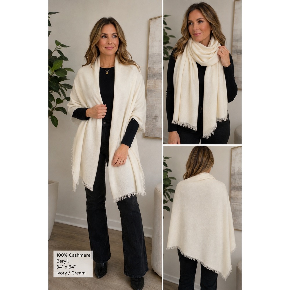 Beryll 100% Cashmere Overzised Wrap Shawl Scarf Ivory Cream Fringe Wrap 34x64